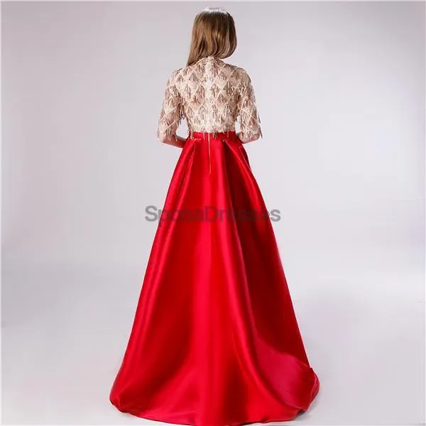 1/2 Long Sleeves High Neck Red Skirt Sequin Top Evening Prom Dresses, Evening Party Prom Dresses, 12116