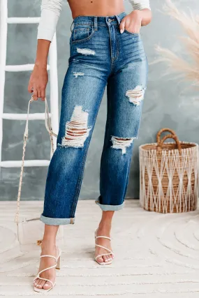 90's Nostalgia High Rise Distressed Straight Leg Sneak Peek Jeans (Medium Dark)