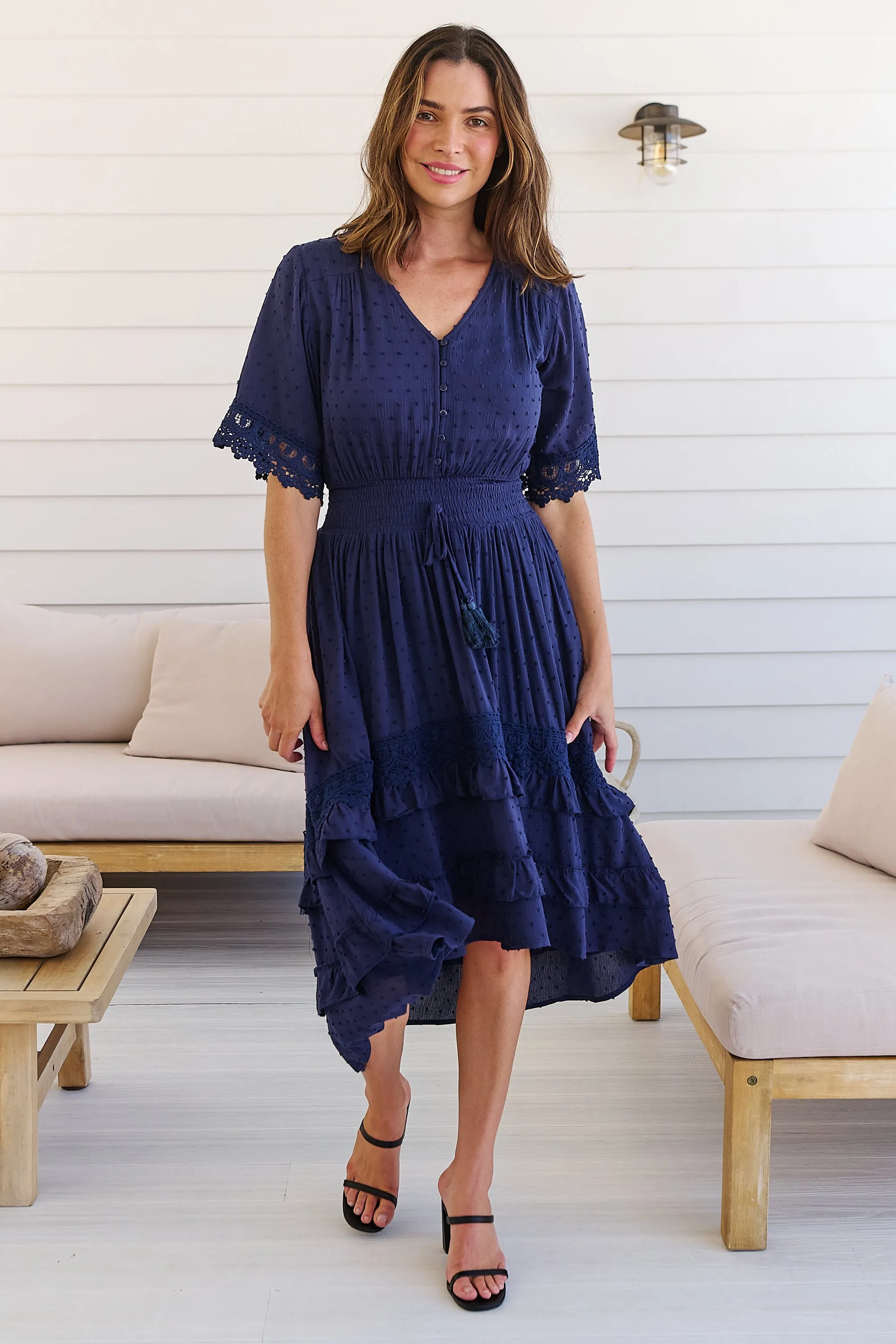 Alize Lace Detail Shirred Waist Swiss Dot Navy Midi Dress