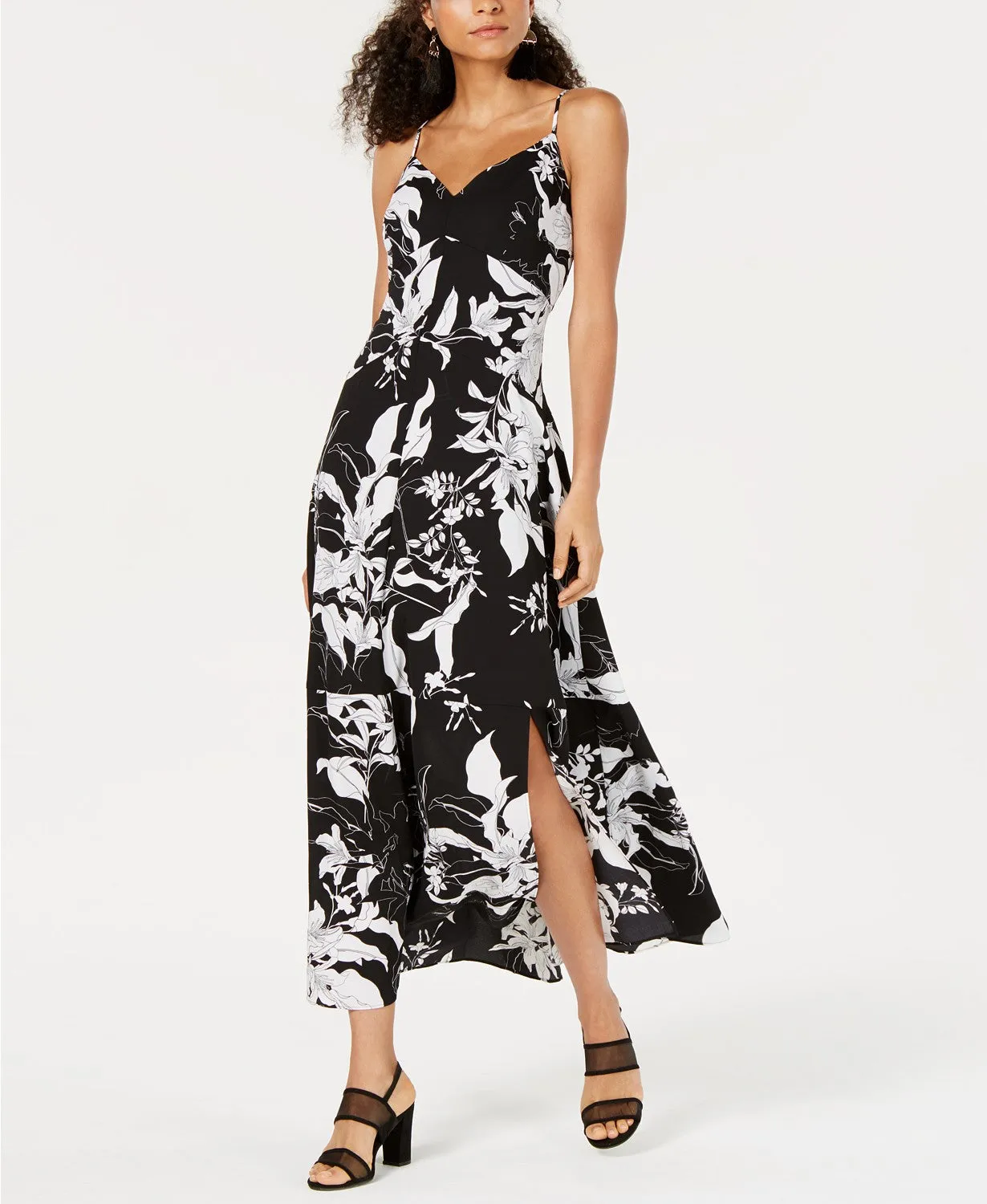 Bar III Women's V-Neck Floral Printed Slit Maxi Dress, Black, 2/XS