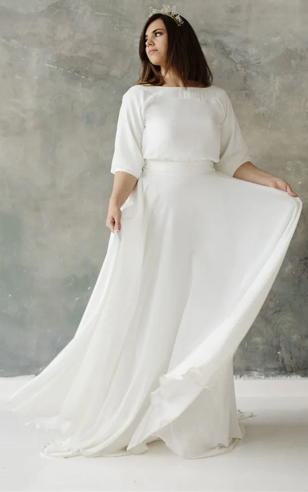 Beach Elegant Plus Size A-Line Wedding Dress Modest Simple Casual Bateau Neckline Floor Length Sweep/Brush Train Bridal Gown