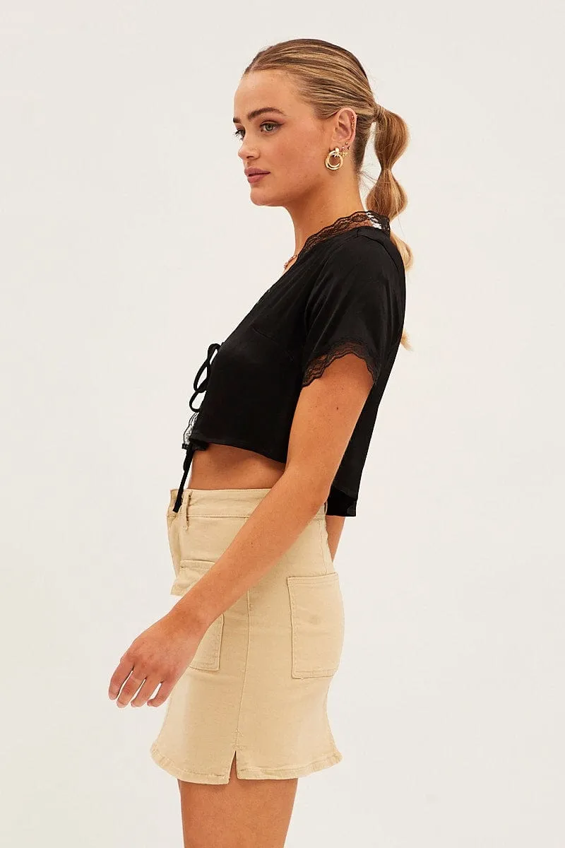 Beige High Rise Cargo Mini Denim Skirt