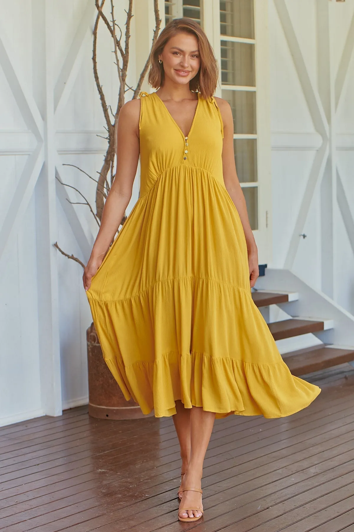 Bethanie Layered Midi Mustard Yellow Dress