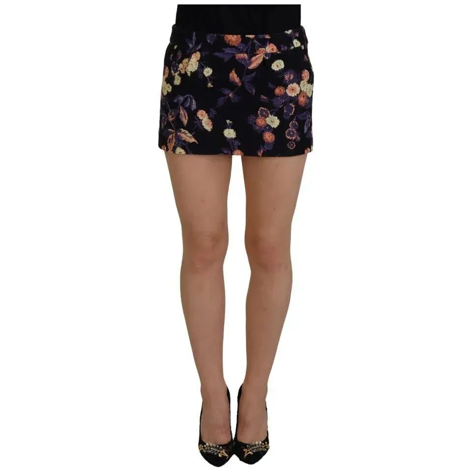 Dsquared² Black Floral Embroidery Mid Waist A-line Mini Skirt