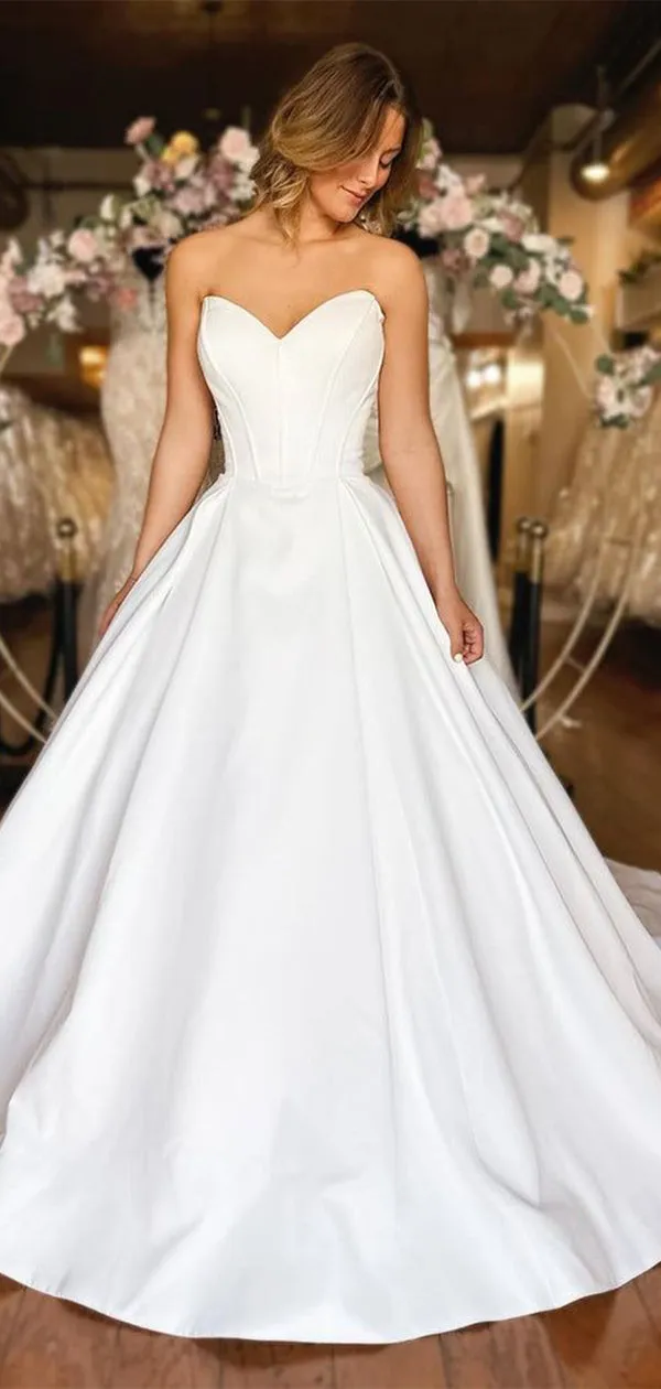 Elegant White Strapless With Train Popular Bridal Long Wedding Dresses, WDH118