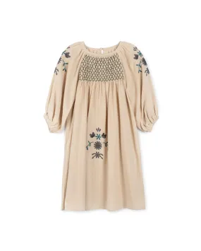 Embroidered And Smocked Shirred Dress