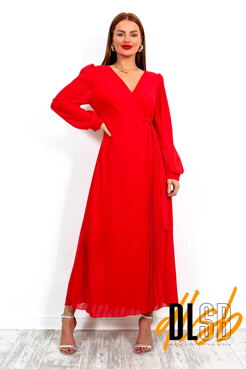 For The Fame - Red Pleated Wrap Midi Dress