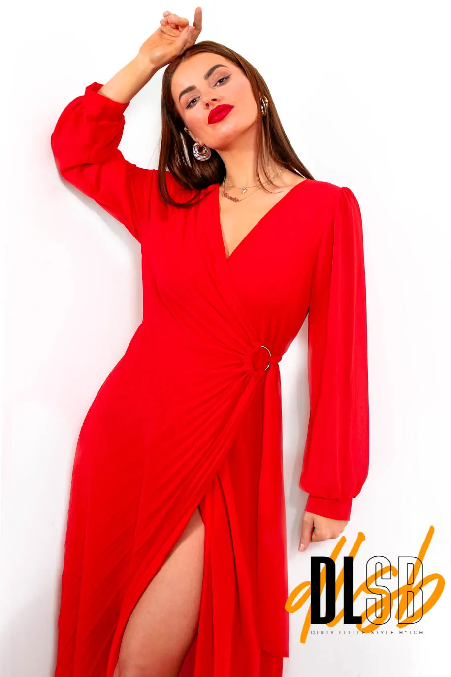 For The Fame - Red Pleated Wrap Midi Dress