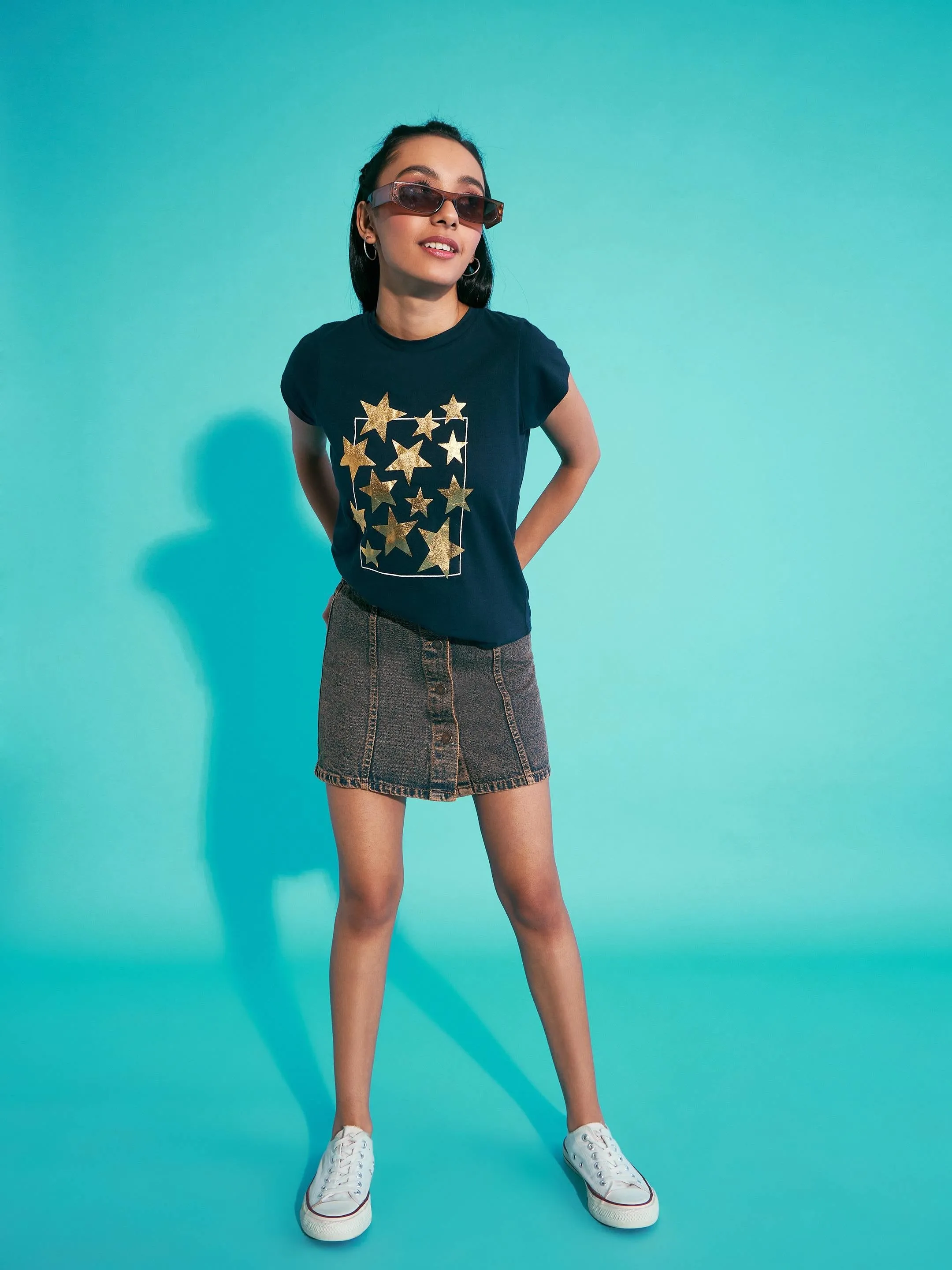 Girls Navy Acid Wash Front Button Denim Mini Skirt