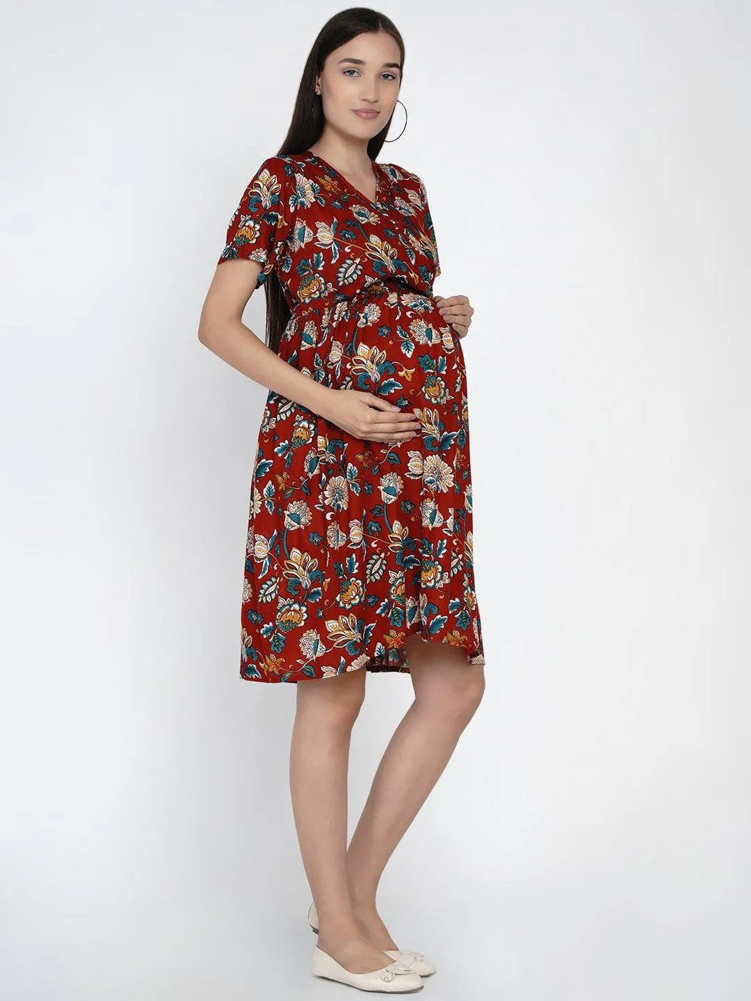 Maroon Floral wrap Midi Rayon Maternity & Nursing Dress