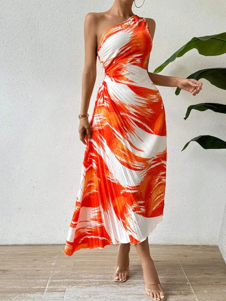 One shoulder sleeve pleated dress in orange