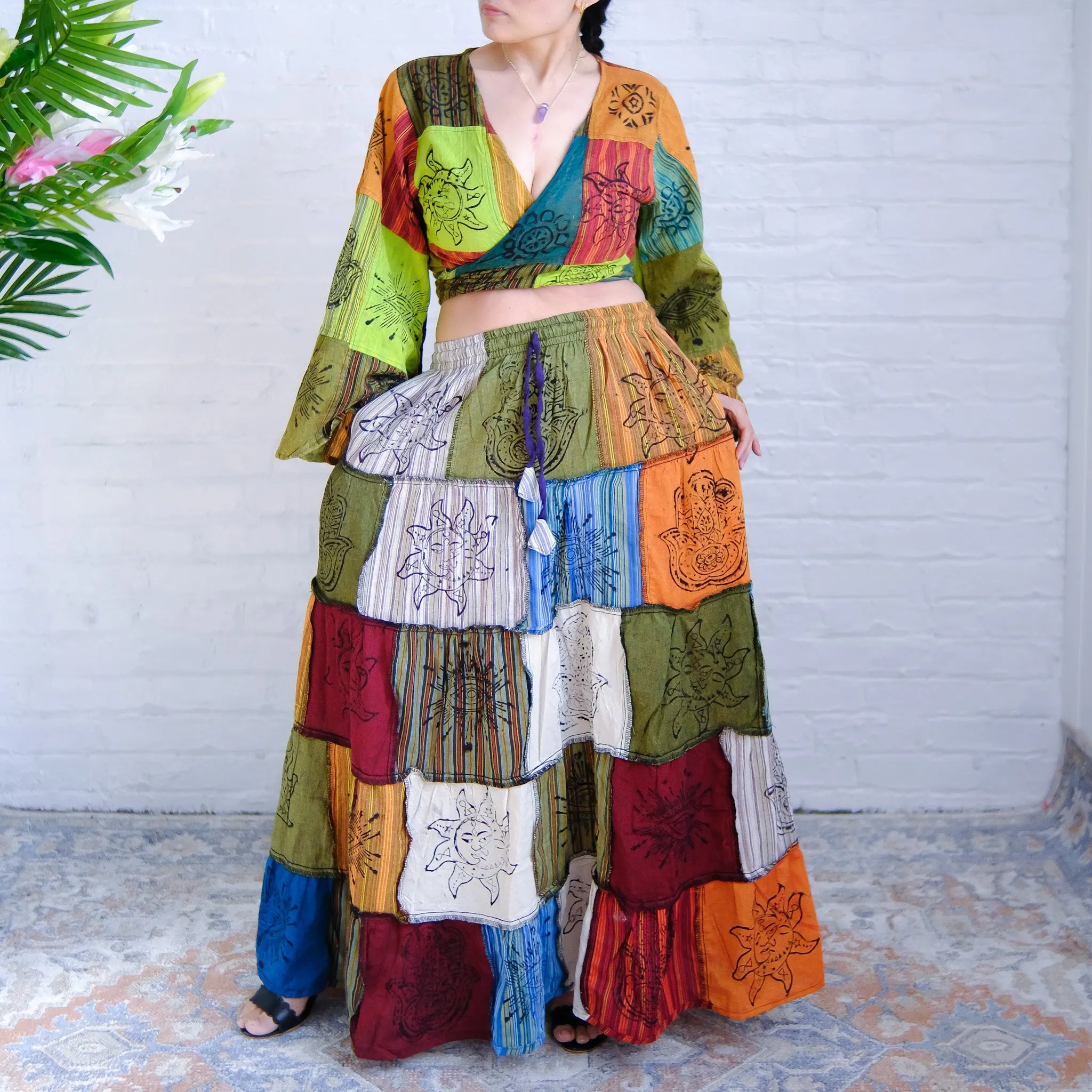 Patchwork Flowy Cotton Skirt with Pocket