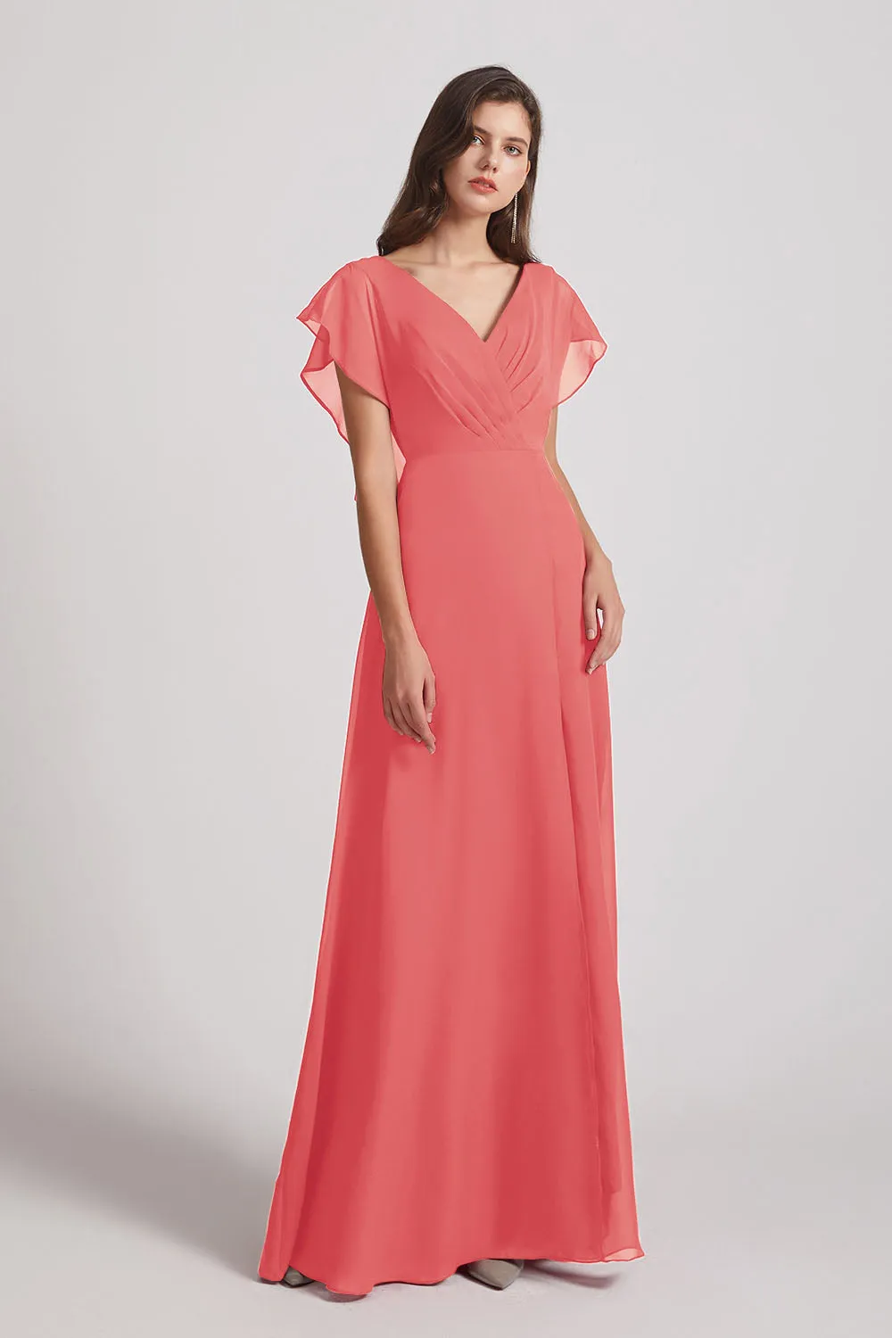 V-Neck Chiffon Long Backless Bridesmaid Dresses with Side Slit (AF0071)