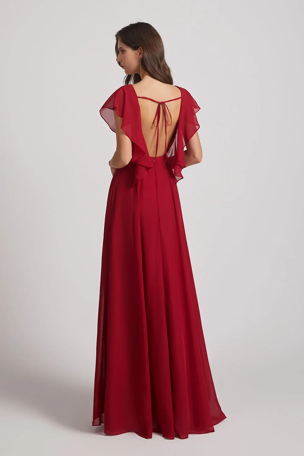 V-Neck Chiffon Long Backless Bridesmaid Dresses with Side Slit (AF0071)