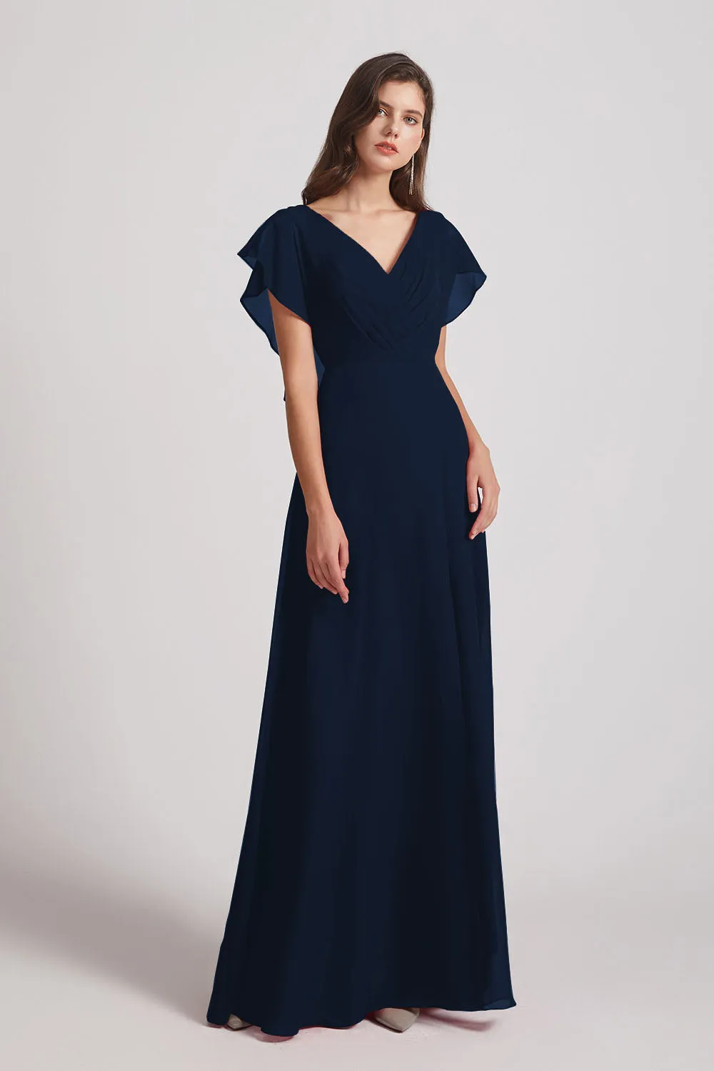 V-Neck Chiffon Long Backless Bridesmaid Dresses with Side Slit (AF0071)