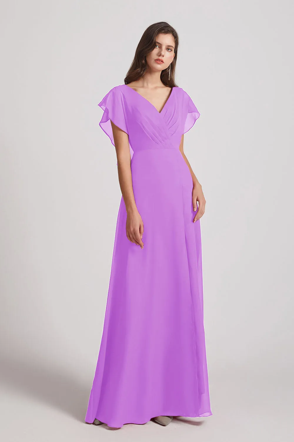 V-Neck Chiffon Long Backless Bridesmaid Dresses with Side Slit (AF0071)