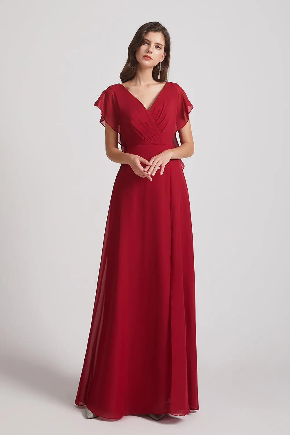 V-Neck Chiffon Long Backless Bridesmaid Dresses with Side Slit (AF0071)