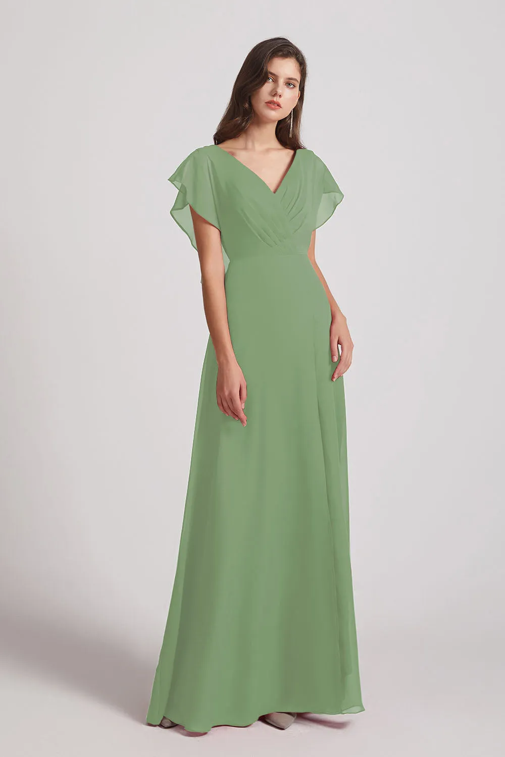 V-Neck Chiffon Long Backless Bridesmaid Dresses with Side Slit (AF0071)