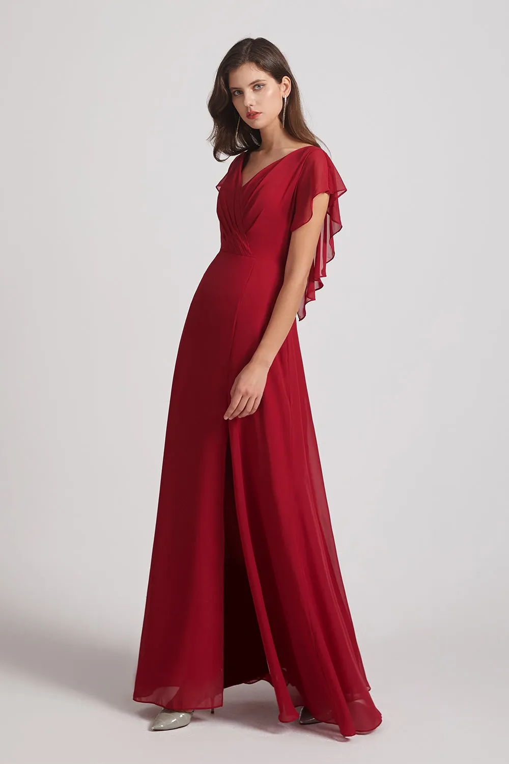 V-Neck Chiffon Long Backless Bridesmaid Dresses with Side Slit (AF0071)