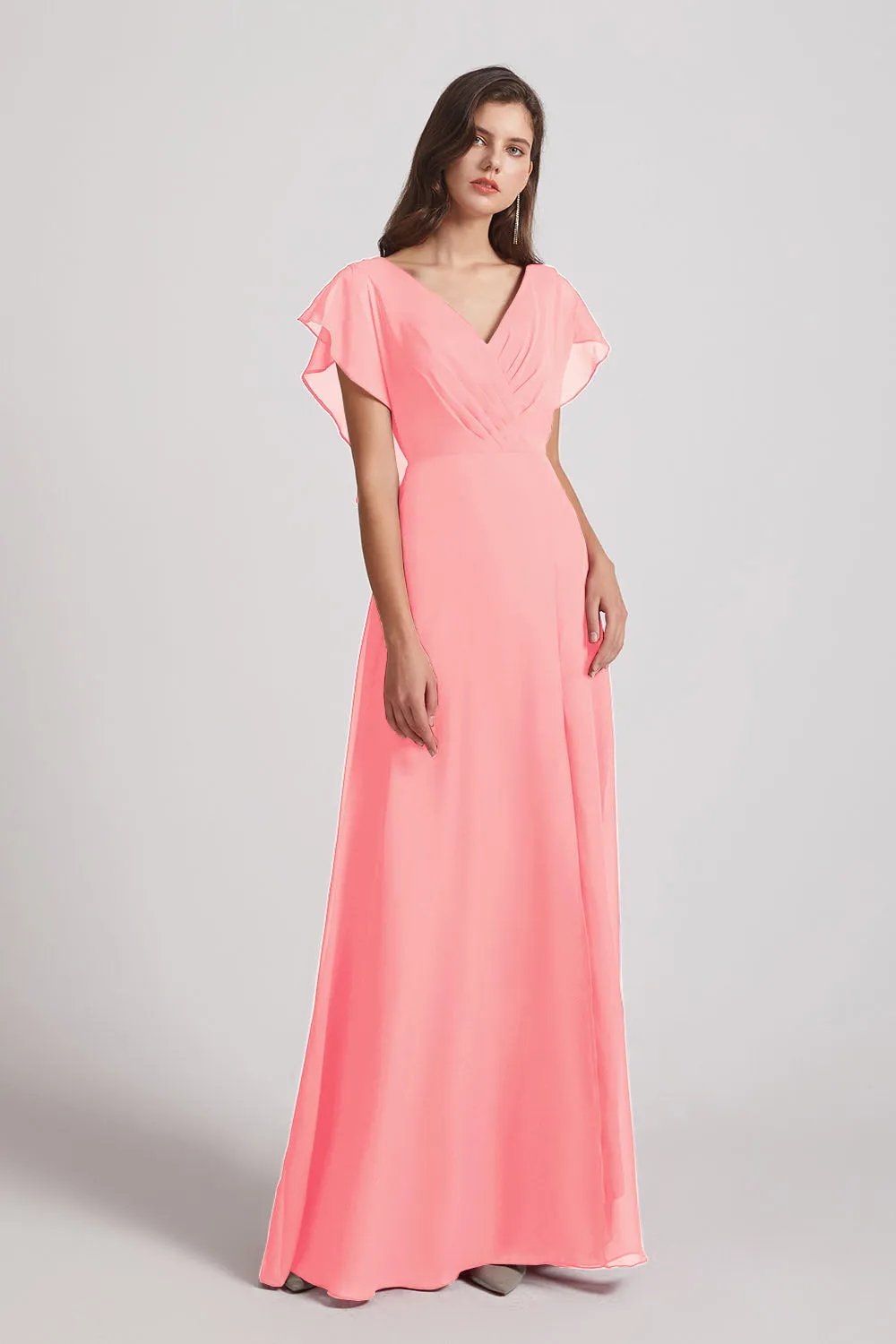 V-Neck Chiffon Long Backless Bridesmaid Dresses with Side Slit (AF0071)