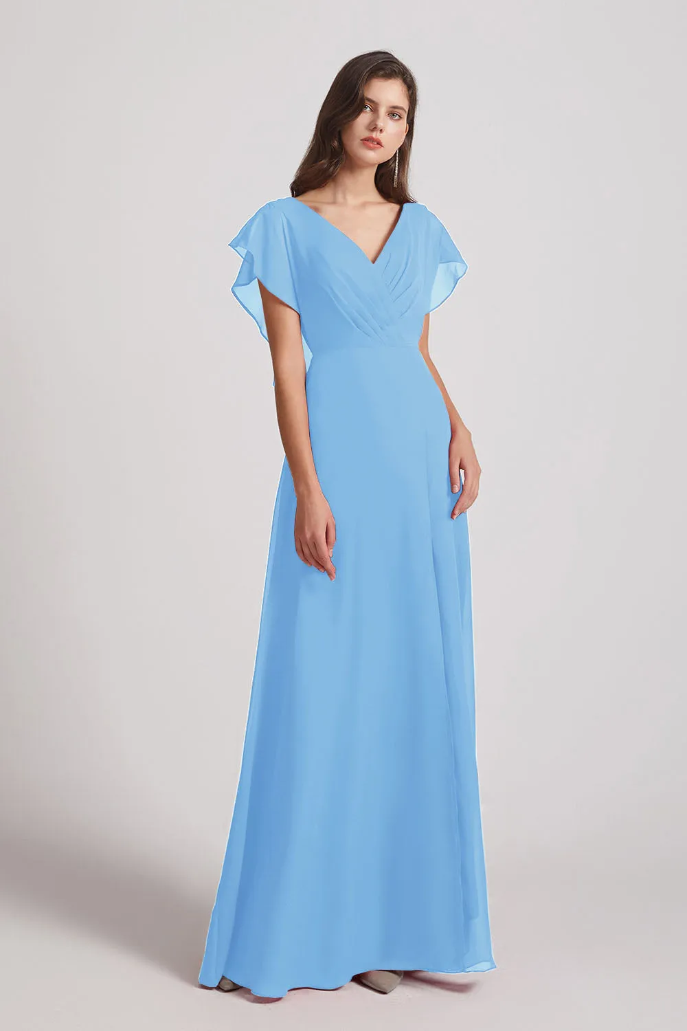 V-Neck Chiffon Long Backless Bridesmaid Dresses with Side Slit (AF0071)