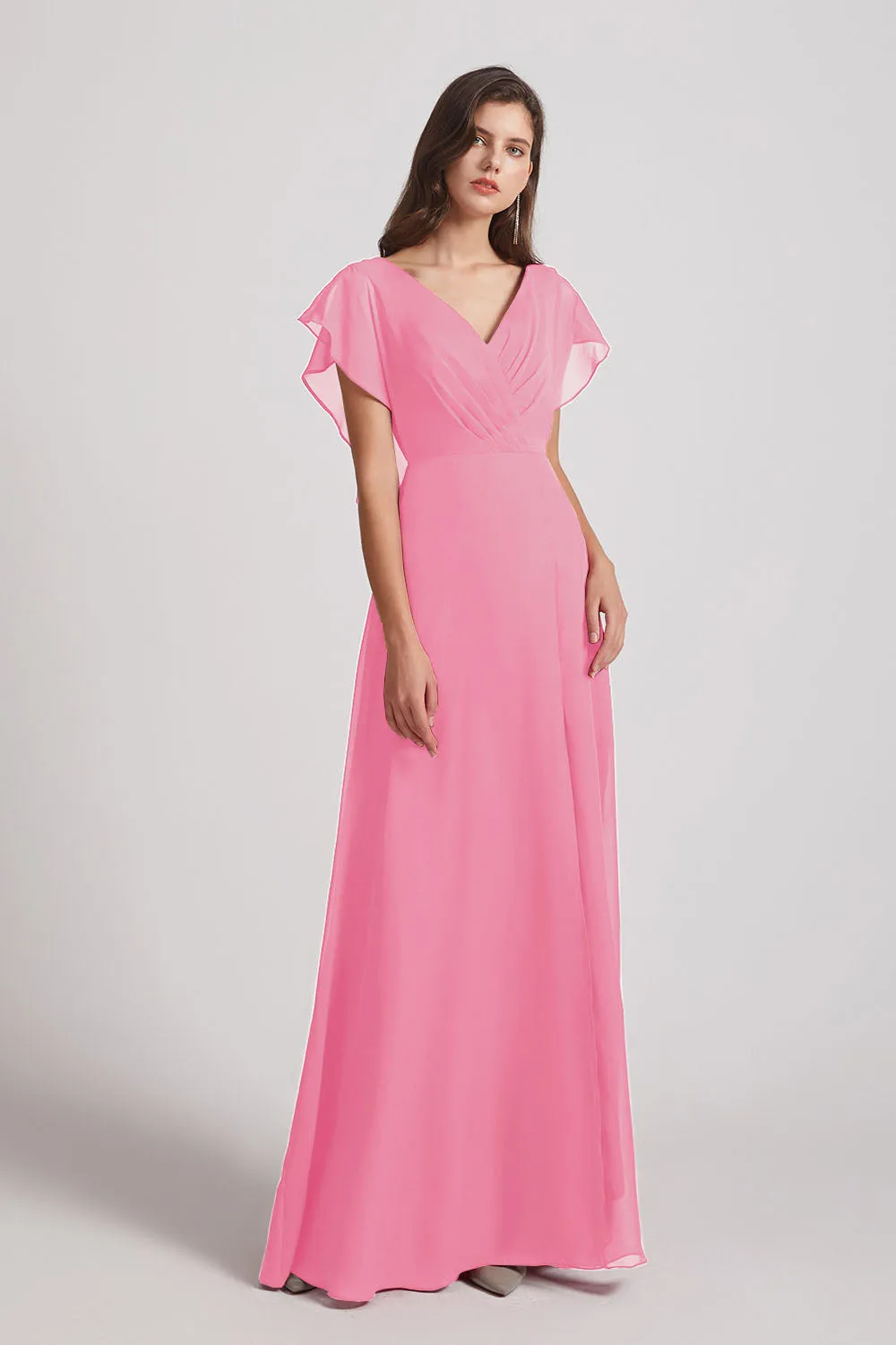 V-Neck Chiffon Long Backless Bridesmaid Dresses with Side Slit (AF0071)