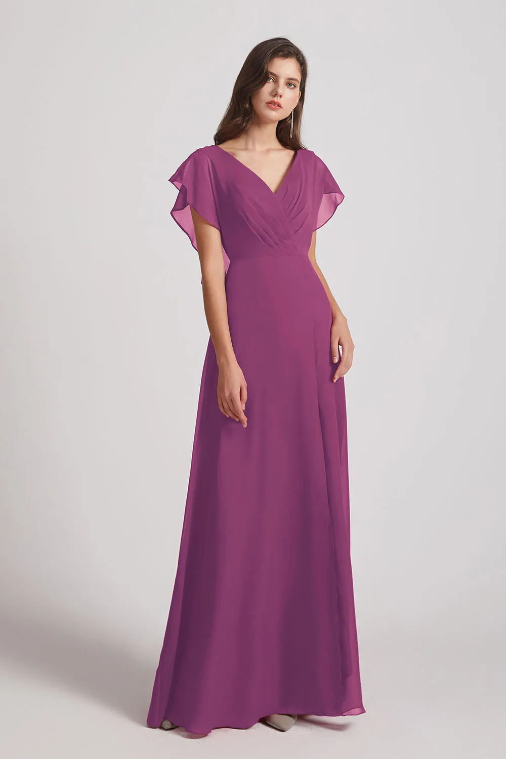 V-Neck Chiffon Long Backless Bridesmaid Dresses with Side Slit (AF0071)