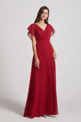 V-Neck Chiffon Long Backless Bridesmaid Dresses with Side Slit (AF0071)