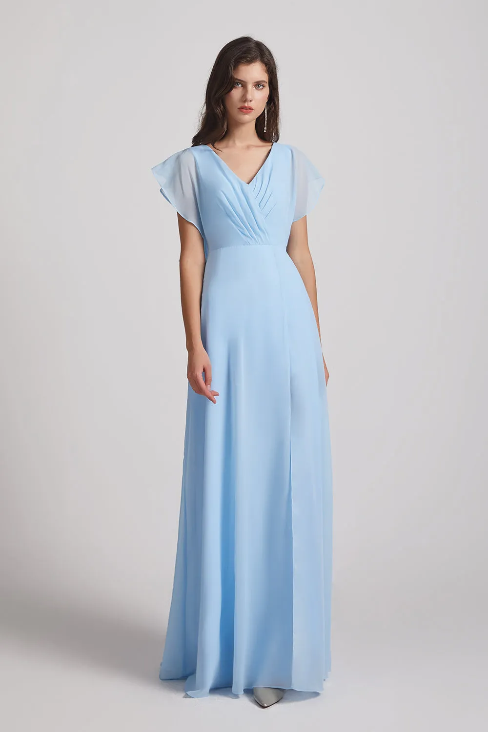 V-Neck Chiffon Long Backless Bridesmaid Dresses with Side Slit (AF0071)