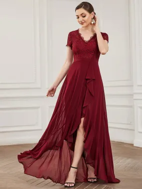 V Neck Short Sleeves Asymmetrical Hem Wholesale Bridesmaid Dresses