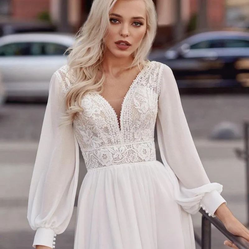 White Chiffon V-Neck A-Line Wedding Dress WD1005